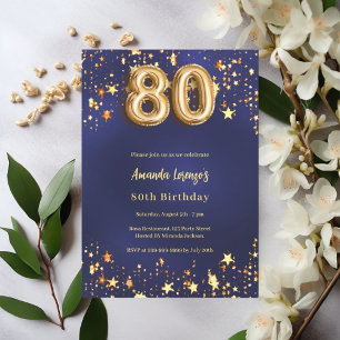 80. Geburtstagsnavy blaue goldene Sterne Einladung