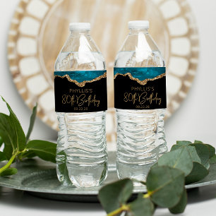 80. Geburtstagsparty Aquamarin Blue Gold Agate Wasserflaschenetikett