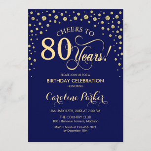 80. Geburtstagsparty Einladung - Gold Navy Blue