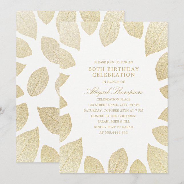 80. Geburtstagsparty Elegant Gold Blätter Einladung (Vorne/Hinten)