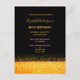 80. Geburtstagsparty Gold schwarze Funkel Einladun Postkarte