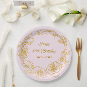 80. Geburtstagsparty Luxe Gold Rose Floral Pink Pappteller