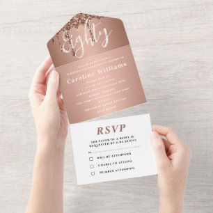 80. Geburtstagsparty Pink Mauve Glitzer Tropfen Mo All In One Einladung