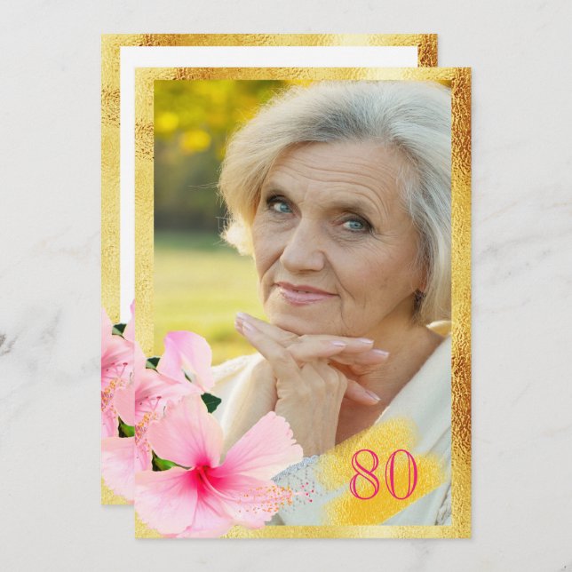 80. Geburtstagsparty Rosa Blumenweißes Foto Einladung (Vorne/Hinten)