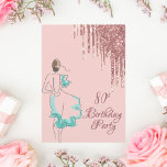 80. Geburtstagsparty Rose Gold Glitzer Tropfen Art Einladung<br><div class="desc">Eine feminine,  moderne und glamouröse Geburtstagseinladung. Eine gürtliche Rose goldene Hintergrundfarbe. Eine Skizze einer Frau in einem minzgrünen Kleid. Rose goldene Imitate Glitzer Tropfen,  Farbe Tropfen schauen auf oben. Der Text: 80. Geburtstagsparty in Rose goldfarbene trendige Handschrift Stift Skript. Vorlagen für einen Namen und Party Details auf der Rückseite.</div>