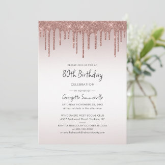 80. Geburtstagsparty Rose Gold Glitzer Tropfen Einladung