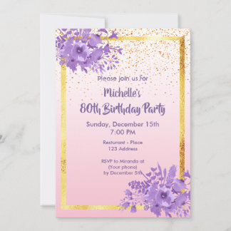 80. Geburtstagsparty Rose Gold violette Blume Einladung