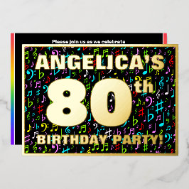 80. Geburtstagsparty — Spaß, farbenfrohe Musiksymb Folieneinladung