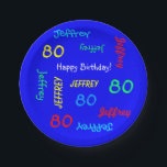 80. Geburtstagsparty, Wiederholung von Namen, Roya Pappteller<br><div class="desc">Was für ein wunderschöner, personalisierter Papierteller für eine 80. Geburtstagsfeier oder jede andere Gelegenheit. Name und Alter wiederholen sich in verschiedenen Schriftart und Primärfarben auf einem hellblauen Hintergrund. Einfach zu personalisieren - einfach den NAME, das Alter und die OCCASION an einem Ort verändern. Unterstützt Namen bis zu 9 Zeichen. Eine...</div>