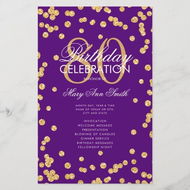 80. Geburtstagsprogramm Gold Lila Glitzer Menü (Vorne)