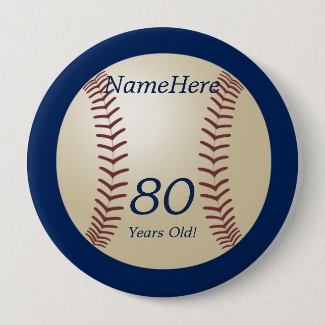 80 Jahre alt, Baseball auf Blue Button Button (Vorderseite)