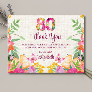 80 Jahre Blume Floral 80. Geburtstag Linen Danke Postkarte