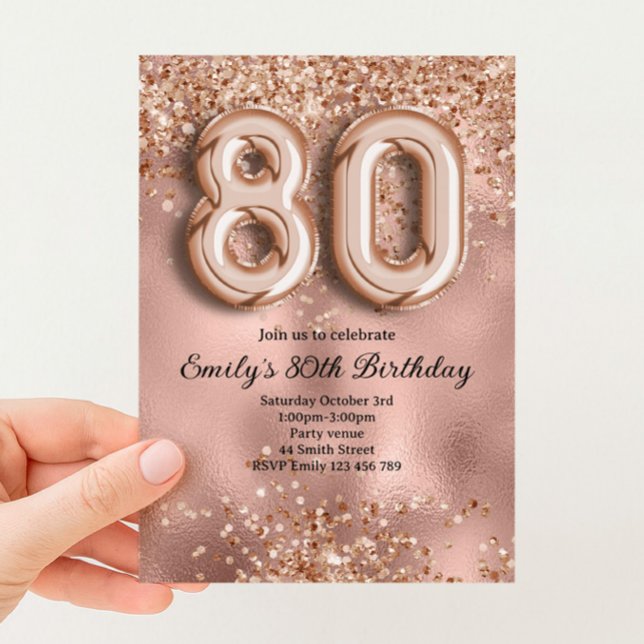 80. Roségold Glitter Geburtstag Einladung (Von Creator hochgeladen)