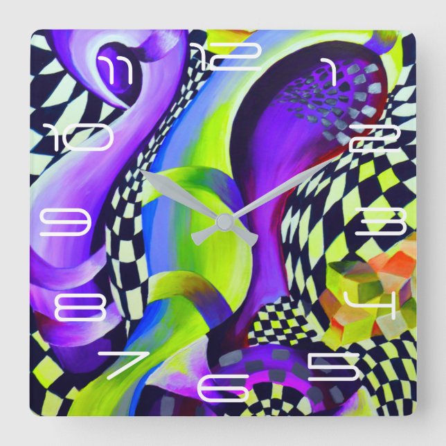 80 s Art Deco Geometric Muster Quadratische Wanduhr (Vorderseite)