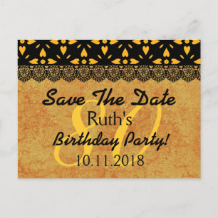 80. Save the Date Geburtstag Gold Black Lace V7 Ankündigungspostkarte