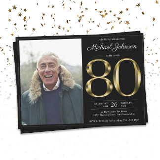 80. Solid Gold Text Black Classy Foto Geburtstag Einladung