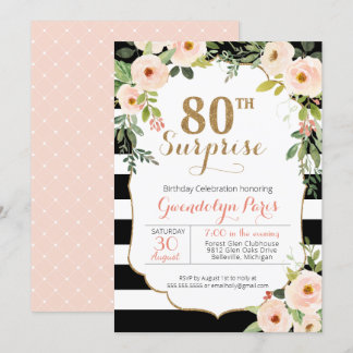 80. Überraschung Schwarz-weiß Stripe Floral Geburt Einladung