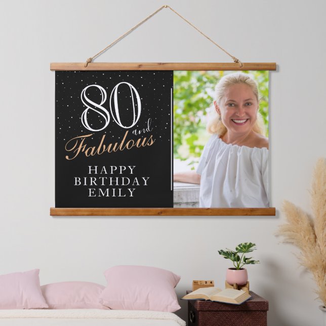 80 und fabelhafte Elegant Black 80 th Birthday Fot Wandteppich Mit Holzrahmen (Schlafzimmer)