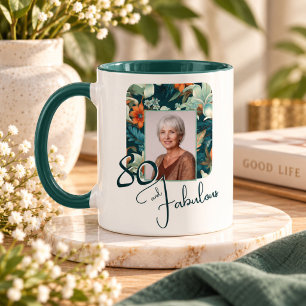 80 und fabelhaftes Blumenmuster Geburtstagsfoto Tasse
