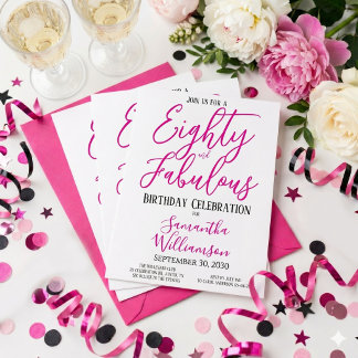 80 und Fabulous Schriftzug Rosa Schwarz 80. Geburt Einladung
