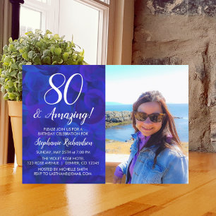 80 und Phantastisch Elegant Royal Blue Foto Geburt Einladung