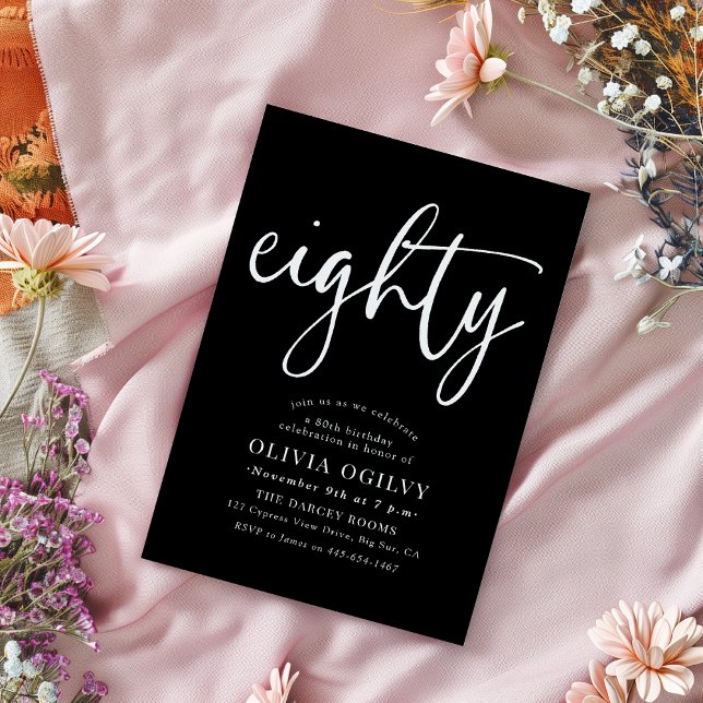 80. White on Black Birthday Party Modernes Script Einladung (Von Creator hochgeladen)