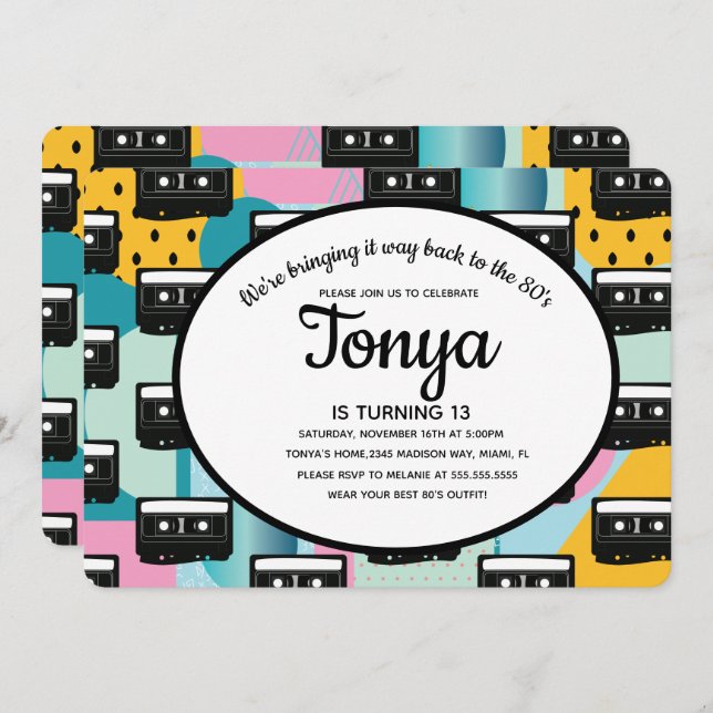 80er 90er Party rosa Collage Kassette Kassette zur Einladung (Vorne/Hinten)
