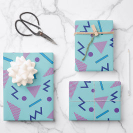 80er 90s Memphis-Stil geometrisch blau Geschenkpapier Set