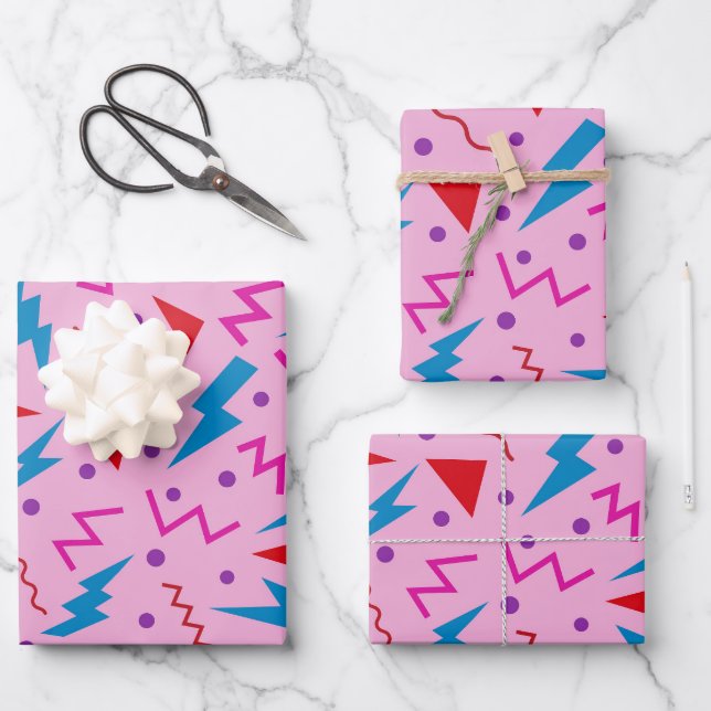 80er 90s Memphis-Stil geometrisch Rosa Geschenkpapier Set (Vorderseite)
