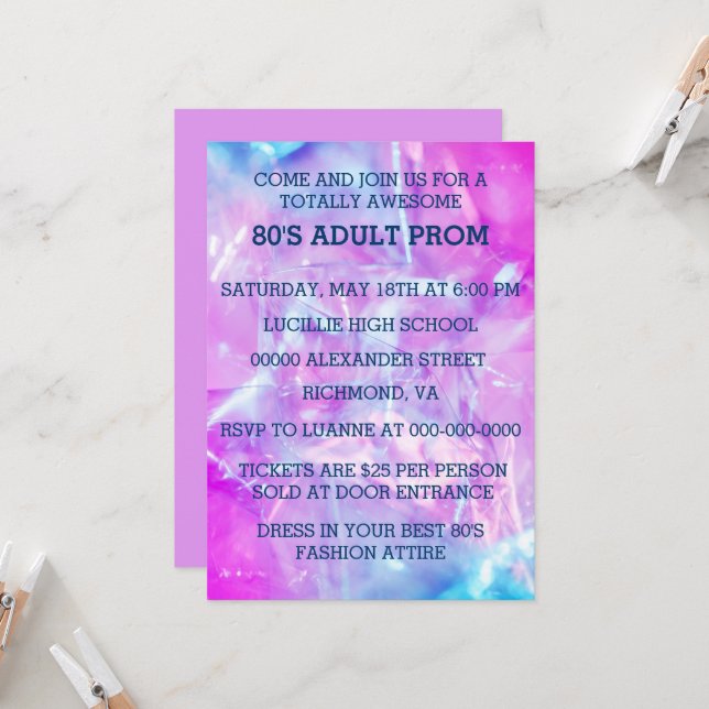80er Adult Prom Einladung (Vorderseite/Rückseite Beispiel)