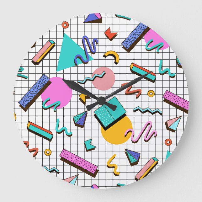 80er Bright Checkered: Vintag Geometrisch. Große Wanduhr (Vorderseite)