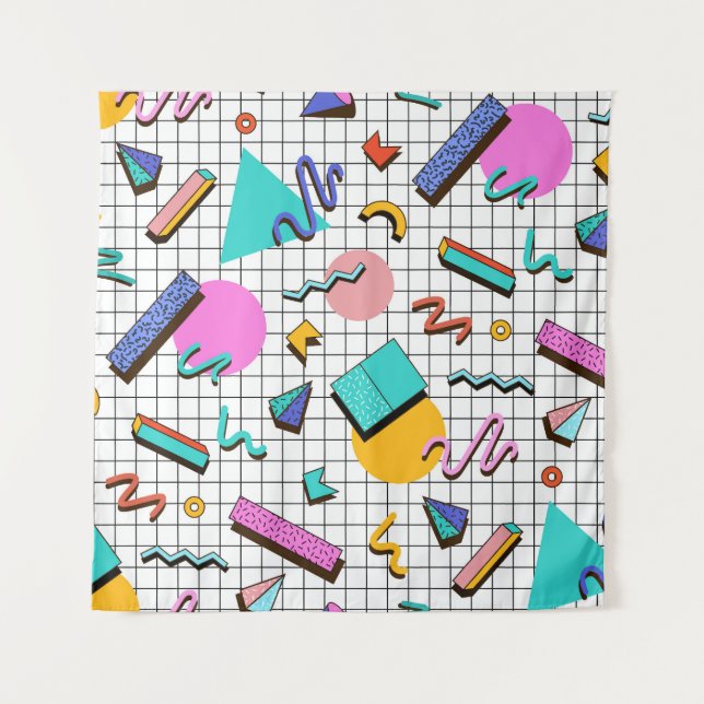 80er Bright Checkered: Vintag Geometrisch. Wandteppich (Vorderseite)