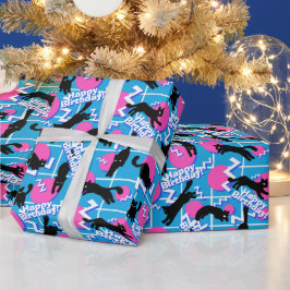 80er Cats Birthday Blue Geometric Memphis Muster Geschenkpapier