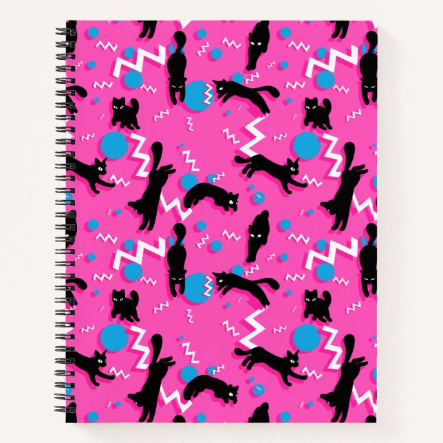 80er Cats Black Pink Geometric Memphis Pattern Notizbuch (Vorderseite)