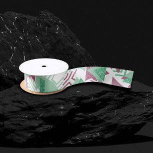 80er Fresh Abstrakt   Muster rosa und grüne Formen Satinband