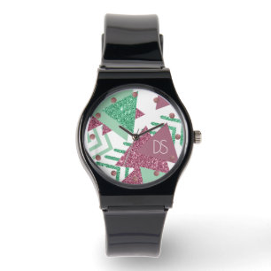 80er Fresh Abstrakt Rosa und grüne Form Monogram Armbanduhr