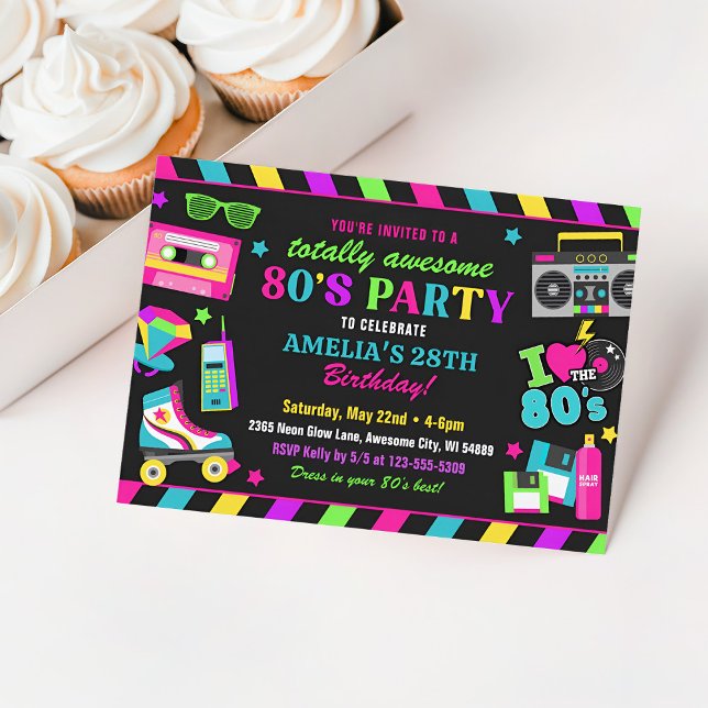 80er Jahre Geburtstagsparty Einladung Kinder & Erw (80s retro party invitation)