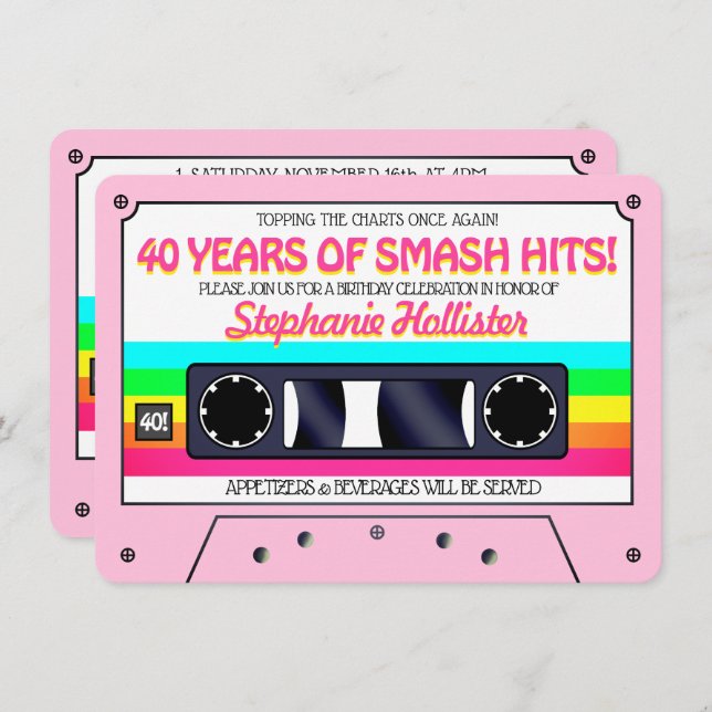 80er Jahre Retro Rosa Neon Label Kassette Geburtst Einladung (Vorne/Hinten)