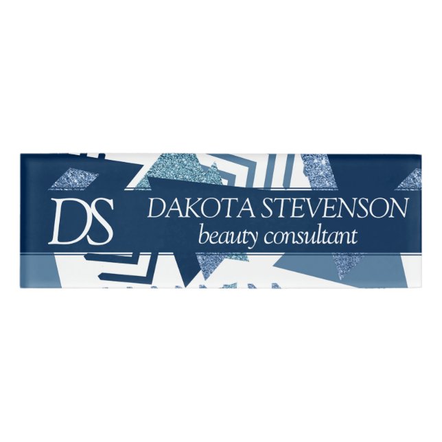 80er Luxe Abstrakt | Türkis- und Marine-Monogramm Namenschild (Vorderseite)