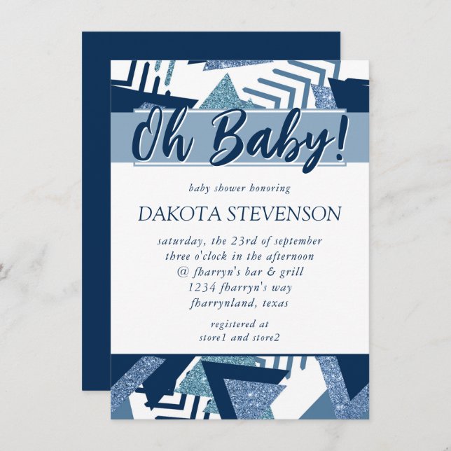 80er Luxe Abstrakt | Türkis und Marine Oh Baby Einladung (Vorne/Hinten)