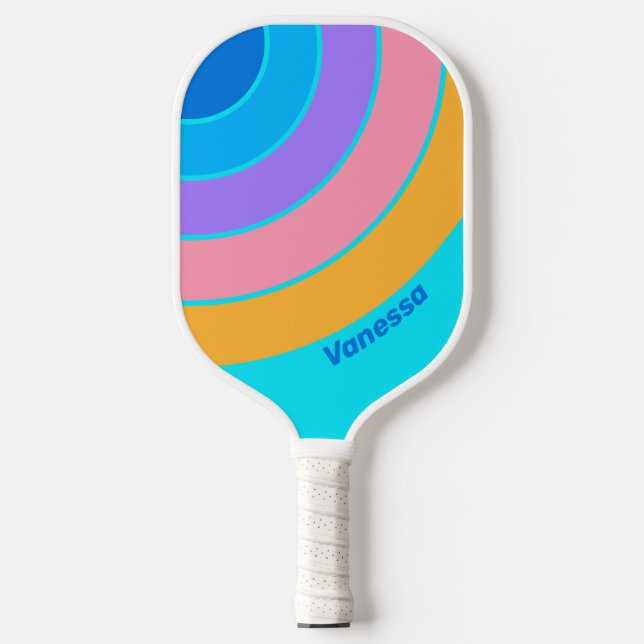 80er Neon Ocean Sky Circle Streifen mit Namen Pickleball Schläger (Vorderseite)