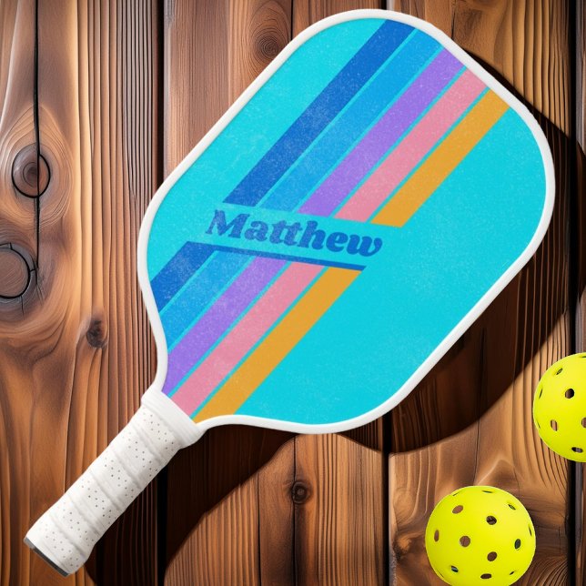 80er Neon Ocean Sky mit Namen gestreift Pickleball Schläger (Von Creator hochgeladen)