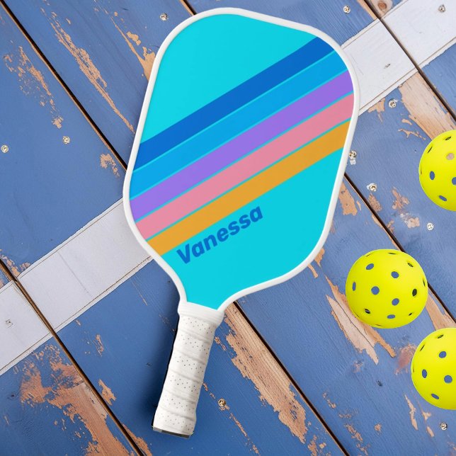 80er Neon Ocean Sky mit Namen gestreift Pickleball Schläger (Von Creator hochgeladen)