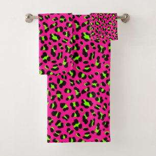 80er Neon Pink Fuchsia und Lime Green Leopard Badhandtuch Set
