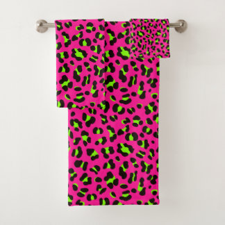 80er Neon Pink Fuchsia und Lime Green Leopard Badhandtuch Set