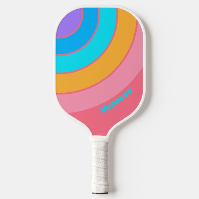 80er Neon Sunrise Circle Streifen mit Namen Pickleball Schläger (Vorderseite)