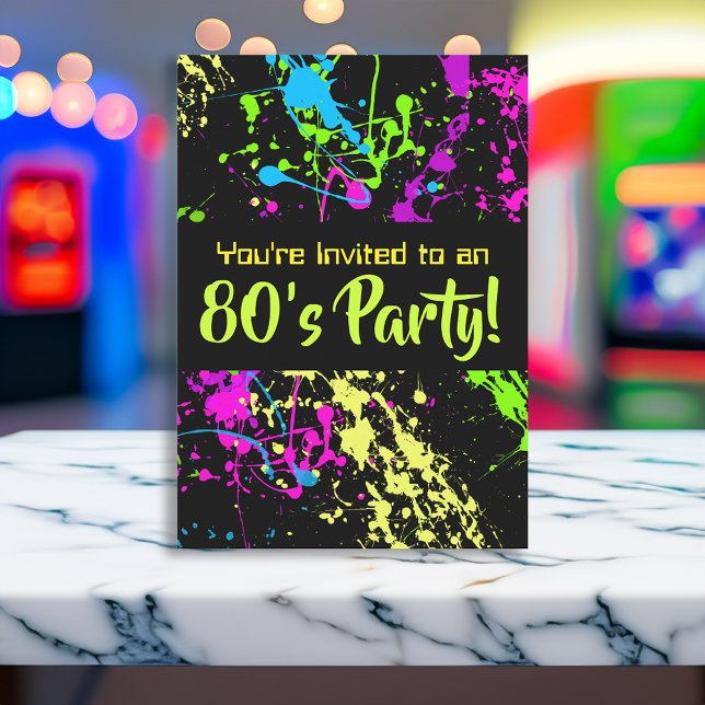 80er Party Retro Neon Paint Spritzer Geburtstag Einladung (custom 80s birthday party invitation decorations)