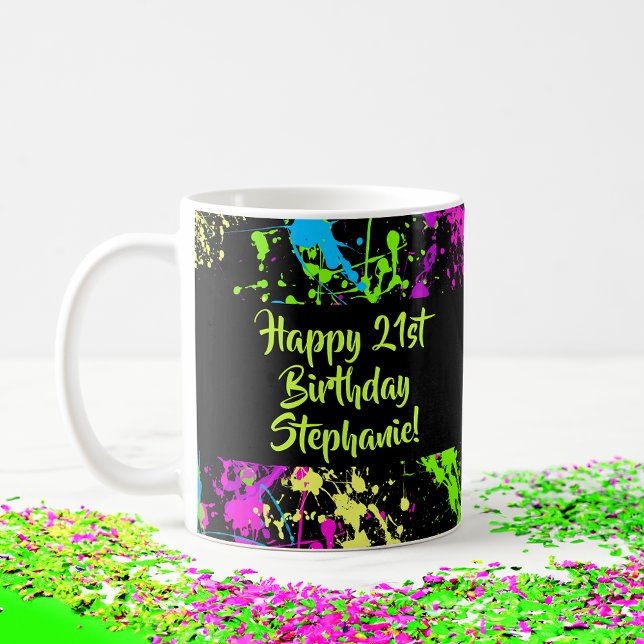80er Party Retro Neon Paint Spritzer Personalisier Kaffeetasse (colorful 80s custom birthday mug)