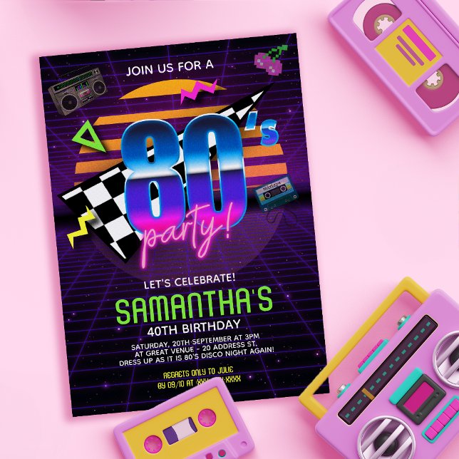 80er Retro Birthday Party Einladung ( Travel back to the totally bodacious 80’s with this retro 80s birthday invitation.)
