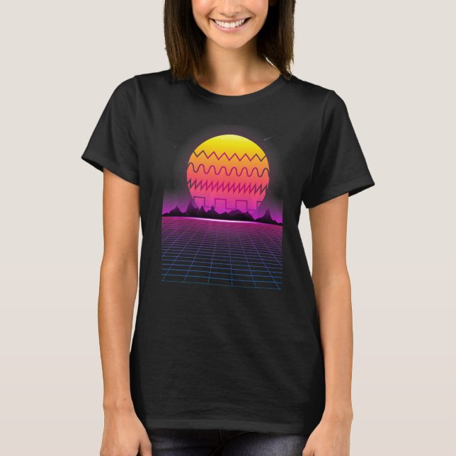 80er Retro Sunset Synthesizer Synthwave Waveform T-Shirt (Vorderseite)
